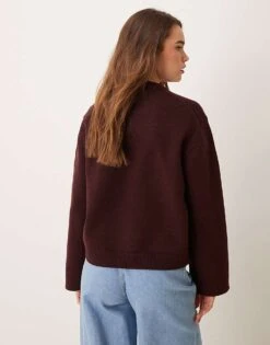 Gina Tricot Crew Neck Knitted Sweater With Wide Sleeves In Dark Wine Burgundy For Women -Curated Apparel Shop 207736495 3