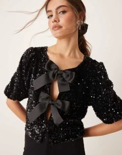 Gina Tricot Sequin Short Sleeve Top With Satin Bow Front In Black For Women -Curated Apparel Shop 207736517 1 black 1