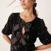 Gina Tricot Sequin Short Sleeve Top With Satin Bow Front In Black For Women -Curated Apparel Shop 207736517 1 black