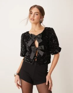 Gina Tricot Sequin Short Sleeve Top With Satin Bow Front In Black For Women -Curated Apparel Shop 207736517 4
