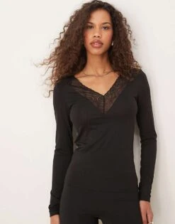 Gina Tricot Long Sleeve Lace V Neck Top In Black For Women -Curated Apparel Shop 207736520 1 black 1