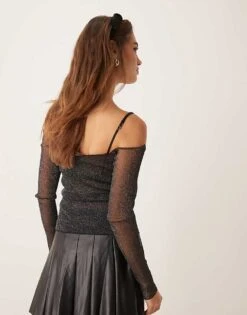 Gina Tricot Glitter Mesh Off Shoulder Top With Sheer Panel In Black Metallic For Women -Curated Apparel Shop 207736537 3