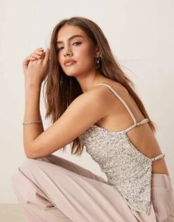 Gina Tricot Sequin Short Square Neck Cami Vest Top In Silver For Women Silver Metallic