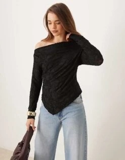 Gina Tricot Jersey Jacquard Off Shoulder Top With Asymmetric Hem In Black For Women