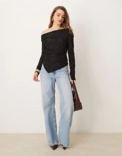 Gina Tricot Jersey Jacquard Off Shoulder Top With Asymmetric Hem In Black For Women -Curated Apparel Shop 207736567 3