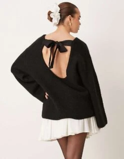 Gina Tricot Chunky Rib Knitted Sweater With Tie Back Bow Detail In Black For Women