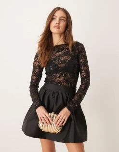Gina Tricot Shimmer Lace Boat Neck Top In Black For Women