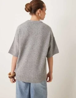 Gina Tricot Short Sleeve Knitted Oversized Sweater In Grey Melange For Women -Curated Apparel Shop 207736585 3