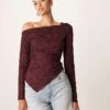 Gina Tricot Jersey Jacquard Off Shoulder Top With Asymmetric Hem In Burgundy For Women -Curated Apparel Shop 207736618 1 burgundy