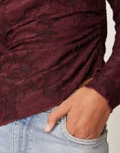 Gina Tricot Jersey Jacquard Off Shoulder Top With Asymmetric Hem In Burgundy For Women -Curated Apparel Shop 207736618 3