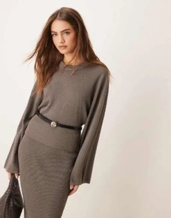 Gina Tricot Co-ord Metallic Fine Knit Sweater With Wide Sleeves In Dark Beige For Women