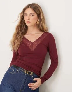 Gina Tricot Long Sleeve Lace V Neck Top In Burgundy For Women -Curated Apparel Shop 207736652 1 burgundy 1