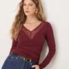 Gina Tricot Long Sleeve Lace V Neck Top In Burgundy For Women -Curated Apparel Shop 207736652 1 burgundy