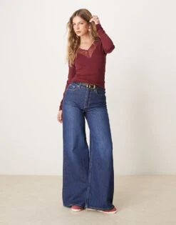 Gina Tricot Long Sleeve Lace V Neck Top In Burgundy For Women -Curated Apparel Shop 207736652 3