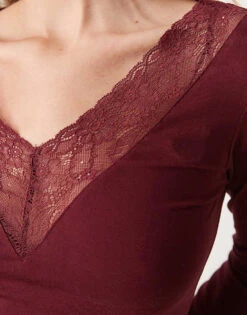 Gina Tricot Long Sleeve Lace V Neck Top In Burgundy For Women -Curated Apparel Shop 207736652 4