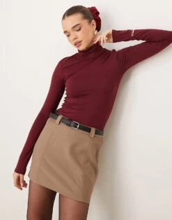 Gina Tricot Soft Touch Long Sleeve Jersey High Neck Top In Burgundy For Women