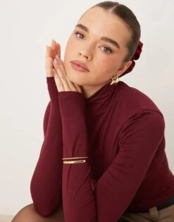 Gina Tricot Soft Touch Long Sleeve Jersey High Neck Top In Burgundy For Women -Curated Apparel Shop 207736670 3