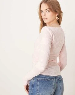 Gina Tricot Jersey Long Sleeve Jacquard Top With Asymmetric Boat Neck In Pink For Women -Curated Apparel Shop 207736673 3