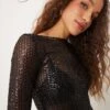 Gina Tricot Sequin Sheer Long Sleeve Top With Boat Neck In Black For Women -Curated Apparel Shop 207736681 1 black