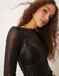 Gina Tricot Sequin Sheer Long Sleeve Top With Boat Neck In Black For Women