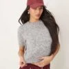 Gina Tricot Fluffy Knitted Short Sleeve Sweater In Grey Melange For Women -Curated Apparel Shop 207736685 1 greymelange