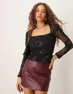 Gina Tricot Sheer Square Neck Top With Placement Embroidery Applique In Black For Women -Curated Apparel Shop 207736717 1 black 1