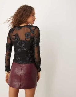 Gina Tricot Sheer Square Neck Top With Placement Embroidery Applique In Black For Women -Curated Apparel Shop 207736717 3