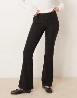 Gina Tricot Low Rise Flare Leg Trousers With Double Button Waistband In Black For Women