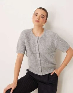 Gina Tricot Supersoft Textured Knit Short Sleeve Cardigan In Grey Melange For Women -Curated Apparel Shop 207736732 1 greymelange 1