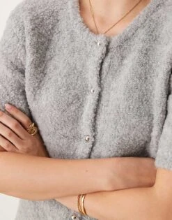 Gina Tricot Supersoft Textured Knit Short Sleeve Cardigan In Grey Melange For Women -Curated Apparel Shop 207736732 3