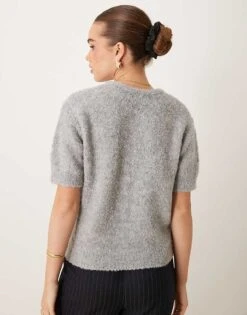 Gina Tricot Supersoft Textured Knit Short Sleeve Cardigan In Grey Melange For Women -Curated Apparel Shop 207736732 4