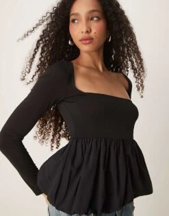 Gina Tricot Jersey Long Sleeve Top With Woven Puff Ball Hem In Black For Women