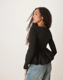 Gina Tricot Jersey Long Sleeve Top With Woven Puff Ball Hem In Black For Women -Curated Apparel Shop 207736760 3