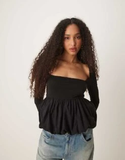 Gina Tricot Jersey Long Sleeve Top With Woven Puff Ball Hem In Black For Women -Curated Apparel Shop 207736760 4