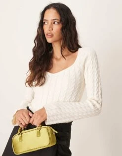 Gina Tricot Cable Knit Fitted Sweater With Sweetheart Neck In Cream For Women -Curated Apparel Shop 207736770 1 cream 1