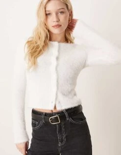 Gina Tricot Fluffy Knit Fitted Cardigan With Crew Neck And Button Front In Off White For Women -Curated Apparel Shop 207736810 1 offwhite 1