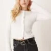 Gina Tricot Fluffy Knit Fitted Cardigan With Crew Neck And Button Front In Off White For Women -Curated Apparel Shop 207736810 1 offwhite