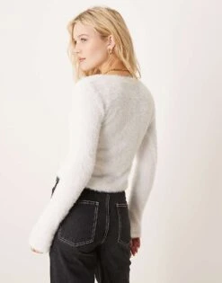 Gina Tricot Fluffy Knit Fitted Cardigan With Crew Neck And Button Front In Off White For Women -Curated Apparel Shop 207736810 4