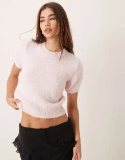 Gina Tricot Fluffy Knitted Short Sleeve Sweater In Pink For Women -Curated Apparel Shop 207736838 1 pink 1