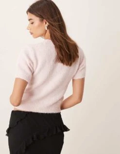 Gina Tricot Fluffy Knitted Short Sleeve Sweater In Pink For Women -Curated Apparel Shop 207736838 3
