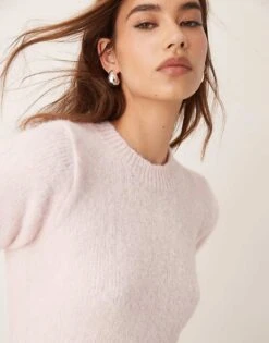 Gina Tricot Fluffy Knitted Short Sleeve Sweater In Pink For Women -Curated Apparel Shop 207736838 4
