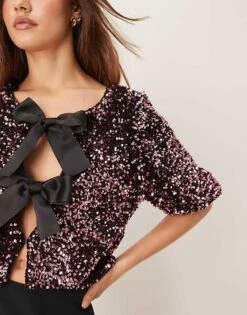 Gina Tricot Sequin Short Sleeve Top With Satin Bow Front In Pink For Women -Curated Apparel Shop 207736845 4