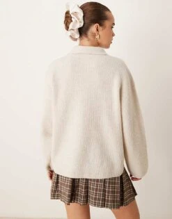 Gina Tricot Knitted Button Polo Collar Long Sleeve Top In Stone For Women -Curated Apparel Shop 207736875 3