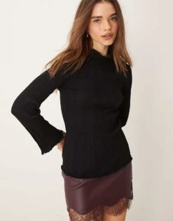Gina Tricot Long Sleeve Ribbed Knit Top With Fluted Funnel Neck And Cuffs In Black For Women -Curated Apparel Shop 207736904 1 black 1