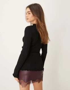 Gina Tricot Long Sleeve Ribbed Knit Top With Fluted Funnel Neck And Cuffs In Black For Women -Curated Apparel Shop 207736904 3