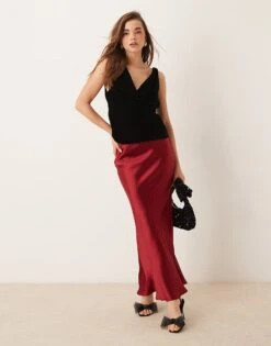 Gina Tricot Satin Maxi Skirt With Back Hem Godet Detail In Burgundy Red For Women -Curated Apparel Shop 207736921 1 burgundy 1