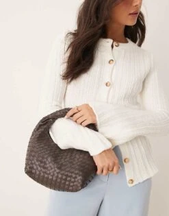 Gina Tricot Braided Weave Small Tote Handbag With Twisted Handle In Brown For Women