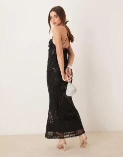 Gina Tricot Low Back Textured Jacquard Stretch Maxi Dress In Black Metallic Floral Pattern For Women -Curated Apparel Shop 207737626 2