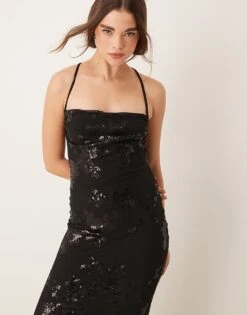 Gina Tricot Low Back Textured Jacquard Stretch Maxi Dress In Black Metallic Floral Pattern For Women -Curated Apparel Shop 207737626 3