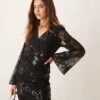 Gina Tricot Mini Dress With Wrap Front In Black With Textured Shimmer Jacquard Floral Pattern For Women